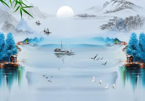 skdhlifpj Papier Peint intissé Panoramique Bleu Tapisserie Murale 3D Peinture Décorative Abstraite À L'Encre Et À L'Eau Paysage Océanique Oiseaux Bois Bleus 150cmx105cm Salon Chambre Adulte Enfant Z