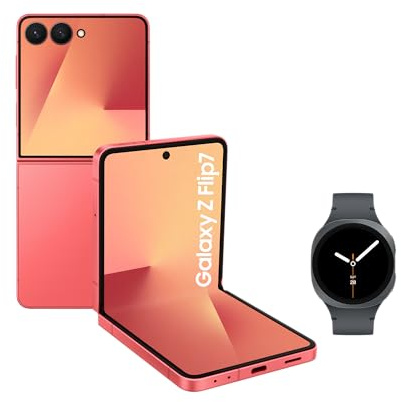 Samsung Galaxy Z Flip7 with Watch8,Thin & Light Foldable Design,Large Cover Screen,50MP Camera,512GB Storage,12GB Memory,4300mAh Battery,Coralred,3 Year Extended Warranty (UK Version)