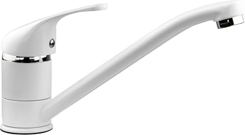 Xcel Home White Single Lever Kitchen Mixer Tap | Swivel Long Spout Monobloc | Solid Brass Construction with Hoses & Standard Fittings Included | Round Space-Saving Design Ideal Sinks | Hot & Cold Water