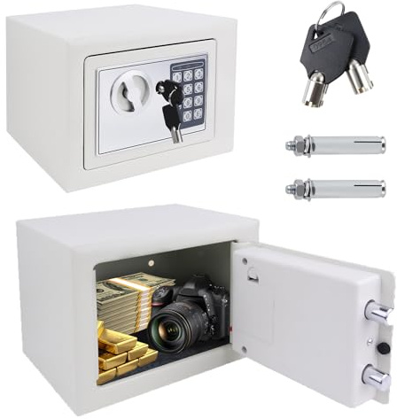 4.6L Electronic Digital Safe Box, Fireproof Security Box Home Office Money Cash Jewelry Steel Safety Box with 2 keys, Wall Mounted Mini Safe for Home Office Hotel, White, 23 x 17 x 17 cm