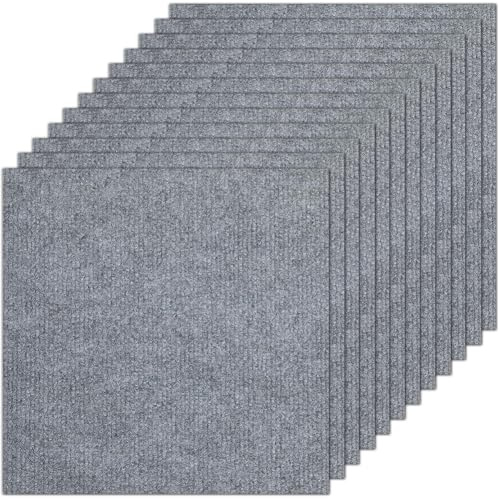 CREATCABIN 12Pcs Self Adhesive Carpet Floor Tiles Peel and Stick 12x12 Inch Square Anti-Slip Soft Padded Carpet Tiles Furnishings Flooring for Bedroom Living Room Kitchen Indoor Outdoor Office Gray