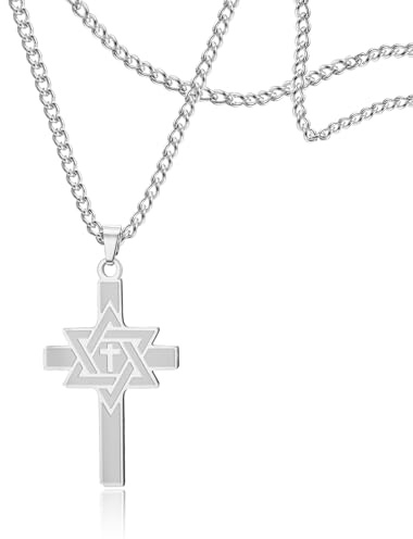 SIPURIS Collier en forme d'étoile de David pour hommes et femmes - Pendentif en forme de croix - Bijou religieux chrétien, 25*42 mm, Acier inoxydable, Pas de gemme