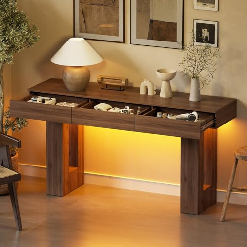 Tavolino Console da Ingresso Lungo 140CM Consolle Rettangolare con luci LED e 3 Cassetti Tavolino Consolle in Legno Tavolo d'Ingresso da Posizionare Dietro il Divano per Salotto,Corridoio e Entrata