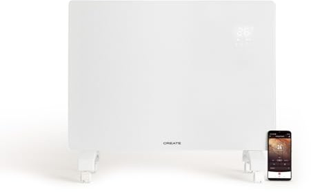 CREATE/WARM CRYSTAL 2000W / Convecteur électrique en verre avec WiFi et roues Blanc/Application, écran LED tactile, 2 puissances, installation murale ou au sol, basse consommation