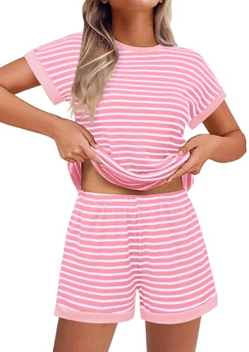 Ekouaer Pijama Mujer Corto Rayas Punto con Textura Dos Piezas Pjs Verano Ropa de Estar por Casa Loungewear Conjunto Casual con Bolsillos Rosa&Blanco M