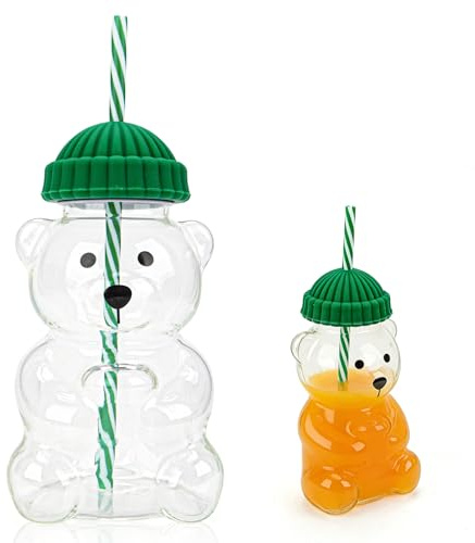 Wvu & Wvo Bear Cup, 2025 Bear Bicchiere con coperchio e cannuccia, 600 ml, orso dolce, bicchiere in vetro di alta qualità, bicchieri per caffè espresso e latte (1, verde)
