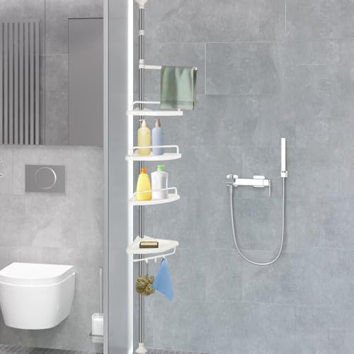HUOLE Étagère de Douche Réglable en Hauteur, 4 Niveaux, Étagère d'angle Télescopique, Hauteur, Rangement de Salle de Bain, Serviteur Extensible avec 4 Supports (254-304 cm (plastique) Blanc)