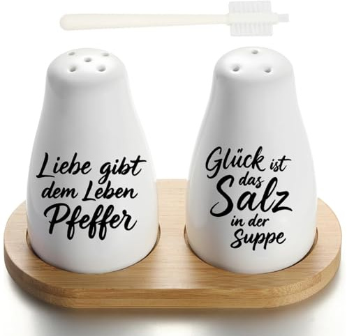 Juego de 2 saleros y pimenteros - Juego de utensilios de cocina de cerámica con adhesivo y bandeja de bambú, cepillo de limpieza, para novios y novios para casa, cocina, regalos de boda para novios