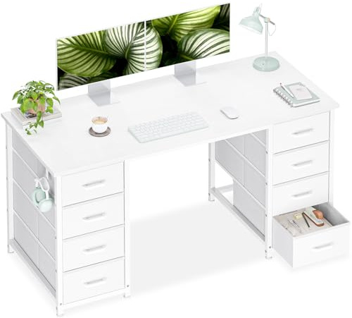 Casaottima 48 Inches Computer Desk with 8 Fabric Drawers, Modern Office Desk with Large Storage for Home Office, Study, White
