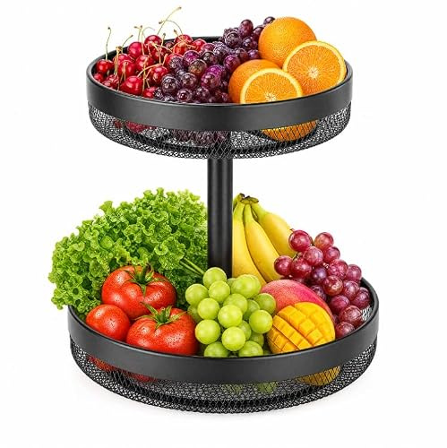 VINATO Frutero de 2 Niveles, Cesta Fruta Metal para Cocina, Estante para Fruta 2 Niveles con Diseño Abierto, Bandeja Doble Fruta para Frutas y Verduras, Frutero de Mesa Moderno,Negro