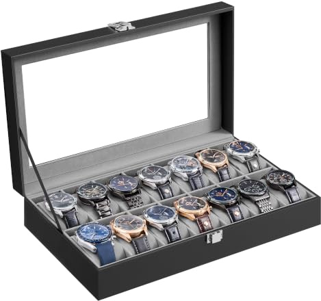 SONGMICS Uhrenbox, 14 Fächer, mit Glasdeckel, aus PU-Leder | Uhrenkasten, Herausnehmbare Kissen, 34,8 x 20 x 7,5 cm, Schwarz, BRIDIE Kollektion JWB040B201