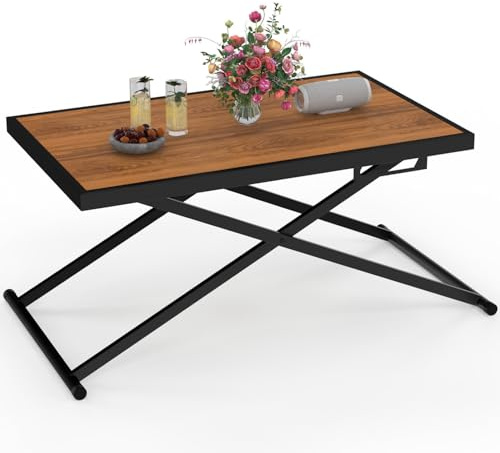 IDMarket – Mesa de jardín con altura ajustable 3 posiciones Olie 100 cm de metal negro y tablero de madera