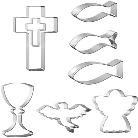 Nivofu 8 Stück Ausstecher Kommunion Set Edelstahl | für Taufe Konfirmation, Ausstechformen mit Kreuz, Fisch, Kelch, Taube, Engel für Ostern Weihnachten Backen Deko