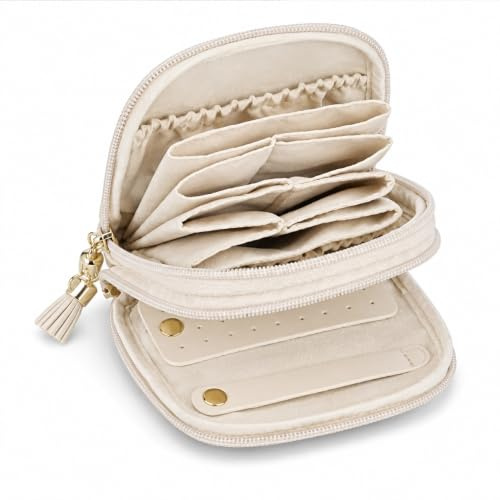 Beige Travel Jewellery Box Organiser Bag, Portable Jewelry Storage Pouch | for Necklace Earring Ring Bracelet, Soft PU Leather Jewellery Case for Women Travel Daily Use Gift