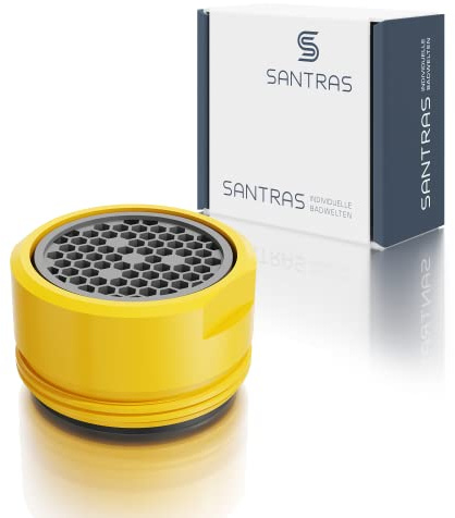 SANTRAS® Strahlregler M24x1 – Luftsprudler für Wasserhahn mit Siebeinsatz | Wasserhahnaufsatz als Wassersparer mit Mischdüse (Außengewinde 24 mm) in Gelb (RAL 1004, glänzend)