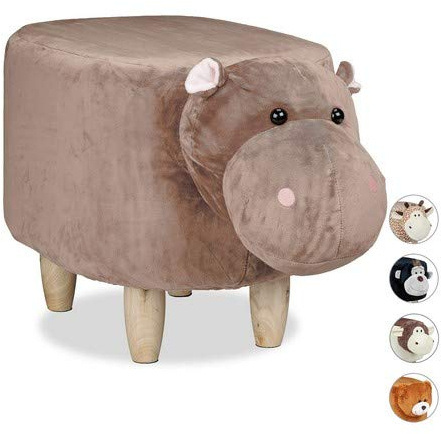 Relaxdays Tierhocker Nilpferd, für Kinder, gepolstert, niedlicher Dekohocker mit Tiermotiv, aus Holz, Schonbezug, braun