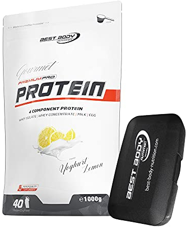 1kg Best Body Nutrition Gourmet 4 Komponenten Protein Eiweißshake - Set inkl. Protein Shaker/Gratiszugabe (Yoghurt Lemon, Best Body Tablettenbox)