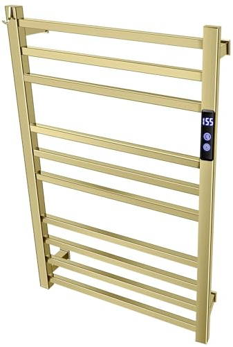 XBVV Towel Warmer Rack for Bathroom with Timer/Fahrenheit Temperature Control Wall Mounted Electric Heated 10 Bar Rail Plug-in or Hardwired Keep Bath Shower Towel Warming (Brushed Gold)