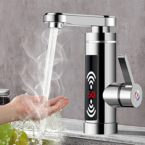 3000W Küche Bad Elektrische Wasserhahn Sofort Heizung Durchlauferhitzer Armatur mit digitale Wassertemperaturanzeige 360 ° drehbar (Silber)