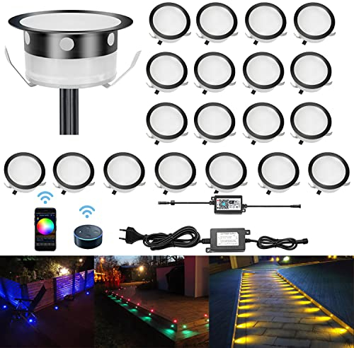 CHNXU 20er Set WiFi RGB Terrasse Einbauleuchte LED Bodeneinbaustrahler DC 12V Einbauspots, IP67 Wasserdicht Aussen Treppen Bodeneinbaustrahler 0,2W - 0,4W Kompatibel mit Alexa, Google Home, Schwarz