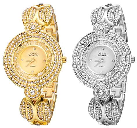 JewelryWe Uhren Damen Analog Quarz 30m wasserdichte Armbanduhr Elegant Mehrschichtig Stereo Strass Zifferblatt Beiläufige Uhr mit Metall-Armband und Uhrenwerkzeug Gold/Silber