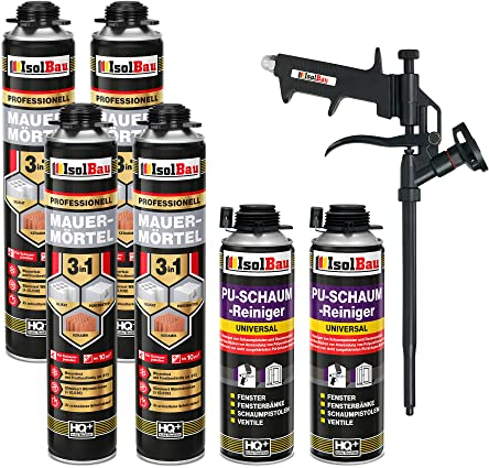 Isolbau Mauermörtel Set: 4x 750 ml PU-Mörtel 2x 500 ml Pistolenreiniger 1x Teflon Schaumpistole, PU-Reiniger, Montageschaum, Pistolenschaum