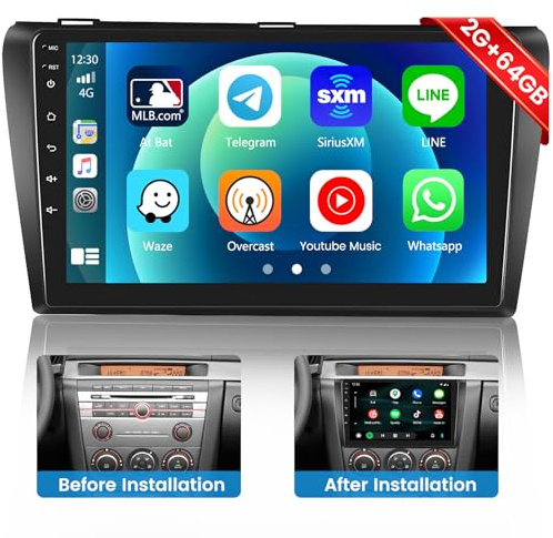 Hikity Bilradio för Mazda 3 (2006-2012) med trådlös Carplay Android Auto [2GB+64GB] 9 Android 15 bilradio bluetooth pekskärm för Mazda 3 med GPS WiFi HiFi RDS FM USB Mic Backkamera