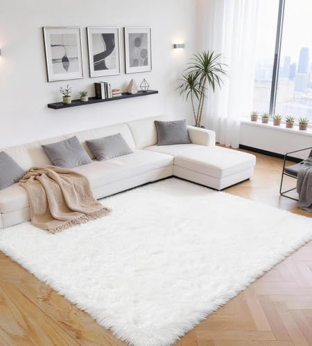 ROHATIM Teppich Wohnzimmer 160 x 230 cm reines Weiß Waschbar Rutschfester Hochflorteppich Kinderzimmer Schlafzimmer Flauschiger Teppiche