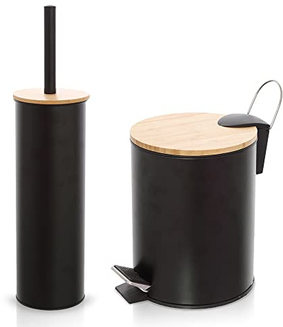 Inbagno Set Accessori Bagno scopino WC e pattumiera a Pedale 3 Lt, in Acciaio e bambù, Linea Haiti