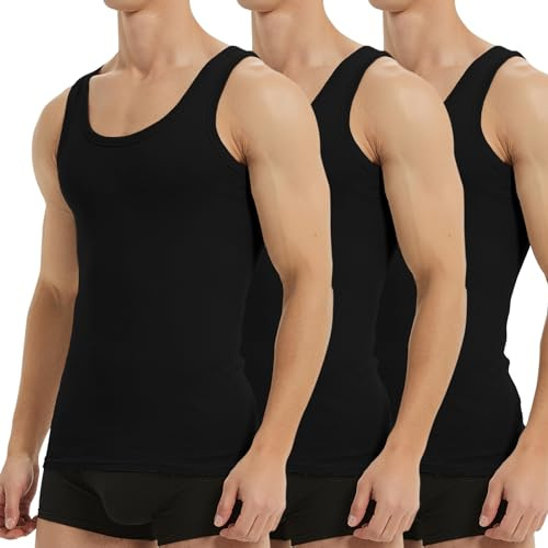 Falechay Débardeur Homme Lot de 3 Maillot de Corps 100% Coton Musculation Sport Maillot de Corps Noir M