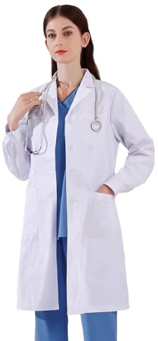 CoatCool Laborkittel Arztkittel Damen, Laborkittel Chemie Baumwolle Arztkittel Weiß Kittel Chemie Mantel für Damen, Labor Kittel Langarm Damen Labormantel mit Knöpfen für Studium Schule Cosplay