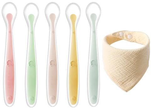FAINCA 5 Stück Babylöffel aus Silikon mit 1 Lätzchen Baby Esslernlöffel Silikonlöffel für Babys für die Ernährung und Entwöhnung Säugling Beikost Esslöffel Lernlöffel Baby ab 3 Monate
