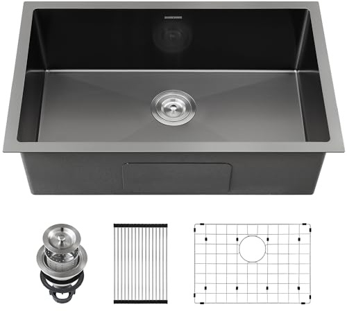 33-inch Black Kitchen Sink Undermount - SINKVINE 33 x 19 inch PVD Nano Stainless Steel Single Bowl Kitchen Sink, with 3.5 Drain Strainer, Bottom Grid Protector, Roll-up Drying Unit, Dark Grey