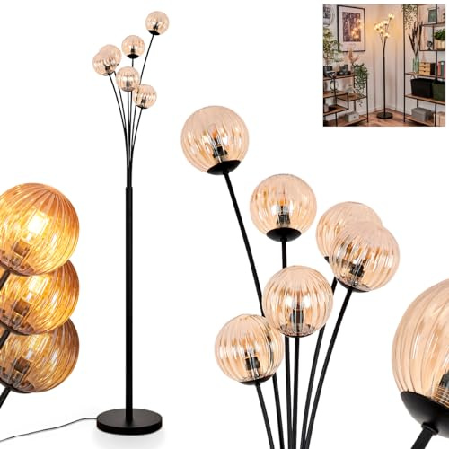 Stehleuchte Bernado, Stehlampe aus Metall/Riffelglas in Schwarz/Bernstein, Leuchte im modernen Retro/Vintage-Design mit Schirmen aus Glas (Ø 10 cm), dimmbar über Fußschalter, 6 x G9, ohne Leuchtmittel