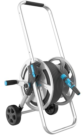 Flopro - Carro de manguera de metal resistente con ruedas de 25 m: marco fuerte para mayor estabilidad, mango ajustable y ruedas anchas. Completo con conectores de manguera SUPERGRIP y boquilla. Se