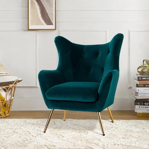 HULALA HOME Sessel gemütlich Ohrensessel gepolstert mit goldenen Metallbeinen Lesesessel bequem Loungesessel aus Samt für Wohnzimmer Schlafzimmer, Dunkelgrün