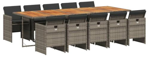 vidaXL Garten Essgruppe 11-TLG., Gartenmöbel Set Tisch mit 10 Stühle, Gartengarnitur mit Kissen, Sitzgruppe Essgarnitur Terrasse, Grau Poly Rattan