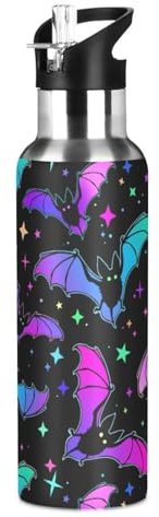 Mnsruu Bunte Fledermäuse Wasserflasche für Mädchen und Jungen, Edelstahl, Trinkflasche, Strohhalm, vakuumisoliert, auslaufsicher, Thermosflasche, Sport, 600 ml