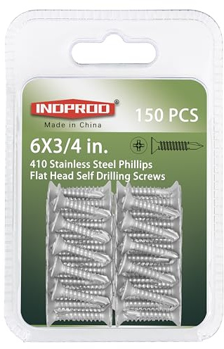 INDPROD #6 x 3/4 Sheet Metal Screws, Self Drilling, Phillips Flat Head, Zinc Plated Stainless Steel 410, Self Tapping Tek Wood Screws, #6 x 3/4-Inch, Pack of 150