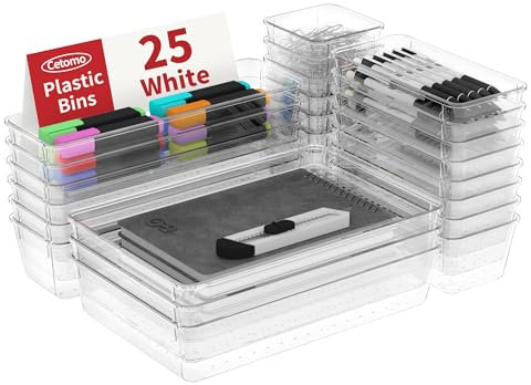 Cetomo Juego de 25 organizadores de cajones, organizador de cajones de almacenamiento de plástico, separadores de cajones, ajustable y expandible, bandeja contenedor para utensilios de cocina,