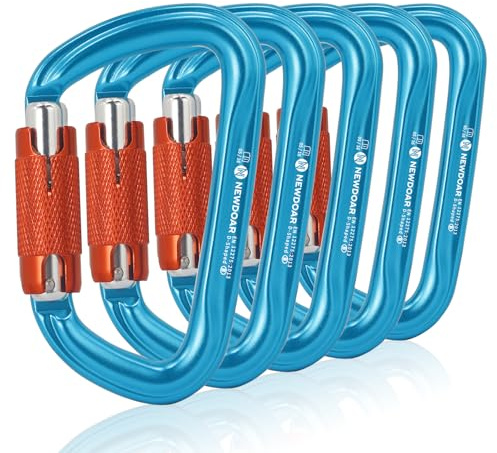 NewDoar 28KN UIAA & CE Certified Auto Climbing Carabiner 5pcs Professional Auto Locking Clips D-Shaped Heavy Duty Carabiner for Camping, Hiking, Swing, Hammock, Rappelling(Blue 5pcs)