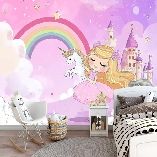 Carta da parati fotografica per bambini, principessa bionda, castello romantico, tessuto non tessuto, soggiorno, camera da letto, asilo nido, decorazione murale - 150 x 105 cm