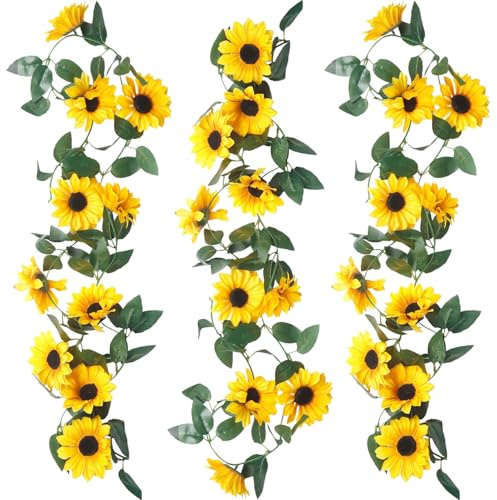 RXKFIGX Hängande solrosgirlanger, konstgjord solroskran, silke, solros, vinstockar, konstgjorda blommor, solrosor, fuskblomma, vinstockar, silke, solros för bröllopsbord, hem, hantverk, festdekoration