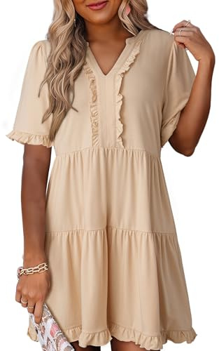 Dokotoo Summer Dresses for Women 2026 Short Sleeve V Neck A Line Empire Waist Casual Flowy Ruffle Cute Baby Doll Western Mini Short Dress Spring Dress Modest Apricot Dresses for Women Plus Size L