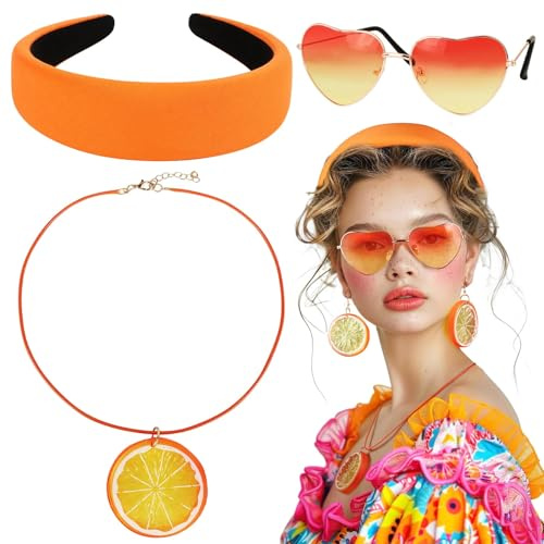 BOFUNX Orange Haarreif + Orangenscheibe Ohrringe + Orangenscheibe Halskette + Herz Brille, Obst Orange Kostüm Faschingskostüm für Karneval Mottoparty Cosplay