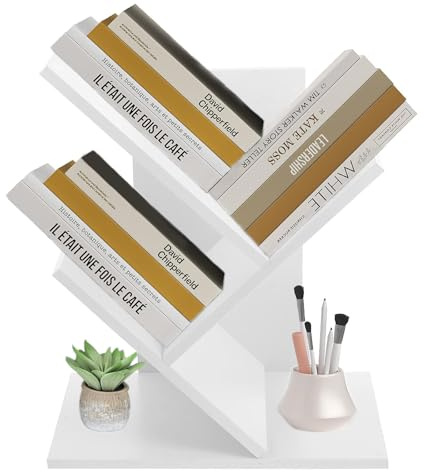 Accmuzzy Bücherregal Baumform,4 Ebenen Schreibtisch Regal Holz,Kleines Bücherregal für Bücher, CD Regal, Schreibtisch Regal - Einfach zu Montieren (Weiß, 15.94 in | 2 Ebenen)