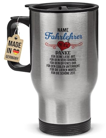 Tassendruck Edelstahl-Thermobecher selbst gestalten mit Name - Fahrlehrer mit Herz - Geschenk für Fahrlehrer, Abschiedsgeschenk, Coffee To Go Becher, Personalisiert, Silber, 390 ml