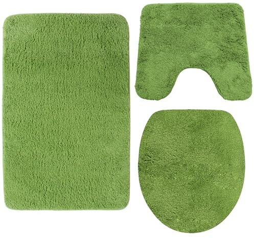 NYVI Badematten Set 3 teilig NYVISpa Lasalle Grün - Badematte 50x80 cm + WC-Vorleger mit Ausschnitt + WC-Deckelbezug - Badezimmerteppich Set - rutschfest, Saugstark, Fußbodenheizung geeignet