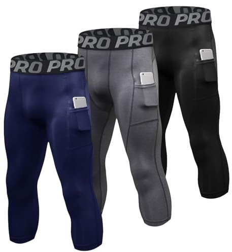 LNFINTDO 2-pack kompressionsbyxor herr 3/4 sportleggings snabbtorkande löpartights med fickor andas kompressionsbyxor för fitness gym jogging träning basket, Svart + grå + blå, M