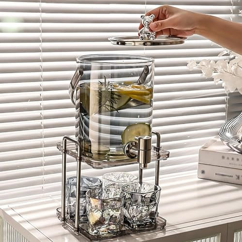 Glass Beverage Dispenser with 4 Glasses and Stand 3.5L Juice Dispenser with Tap for Cocktail Punch High Temperature Resistance Glass Cold Kettle Water Jug Cup for Party (Silver)